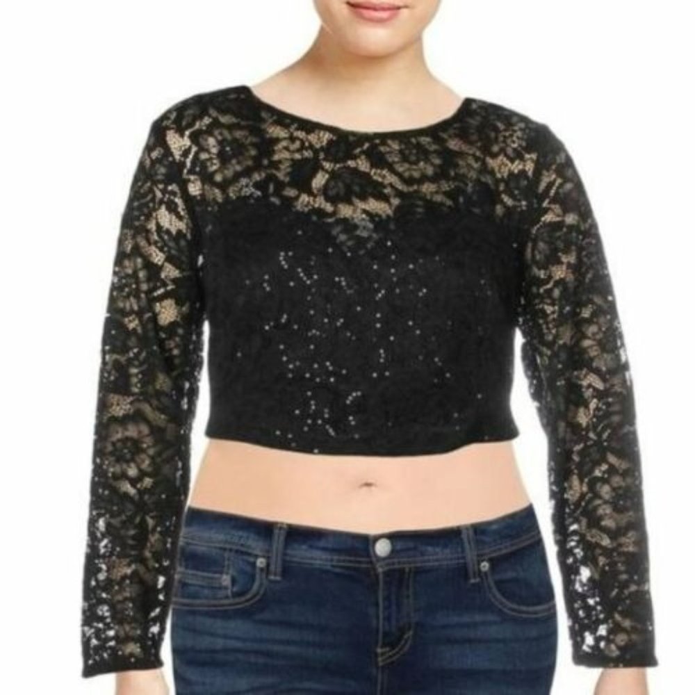 B Darling black sequin lace long sleeve crop fit blouse woman Size 20